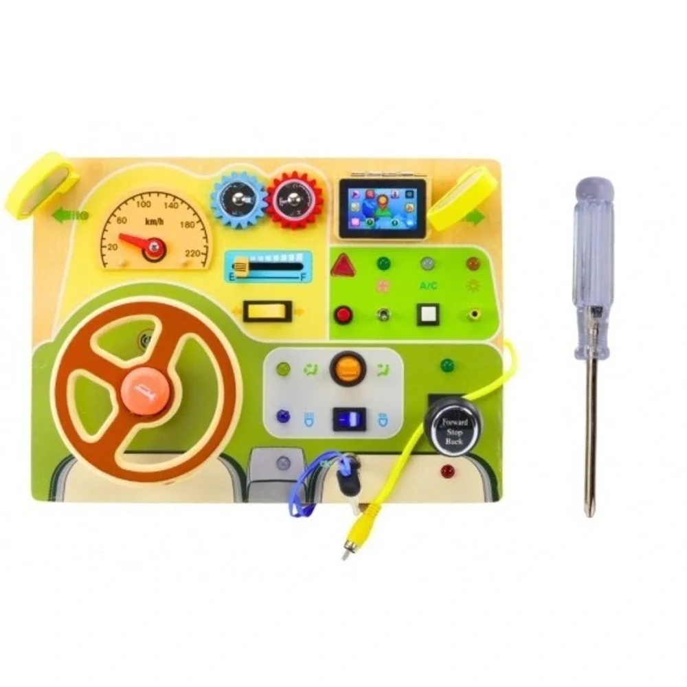 Montessori Wooden Busy Board Toddler Sensory Toy w/ Switch & Steering Wheel
